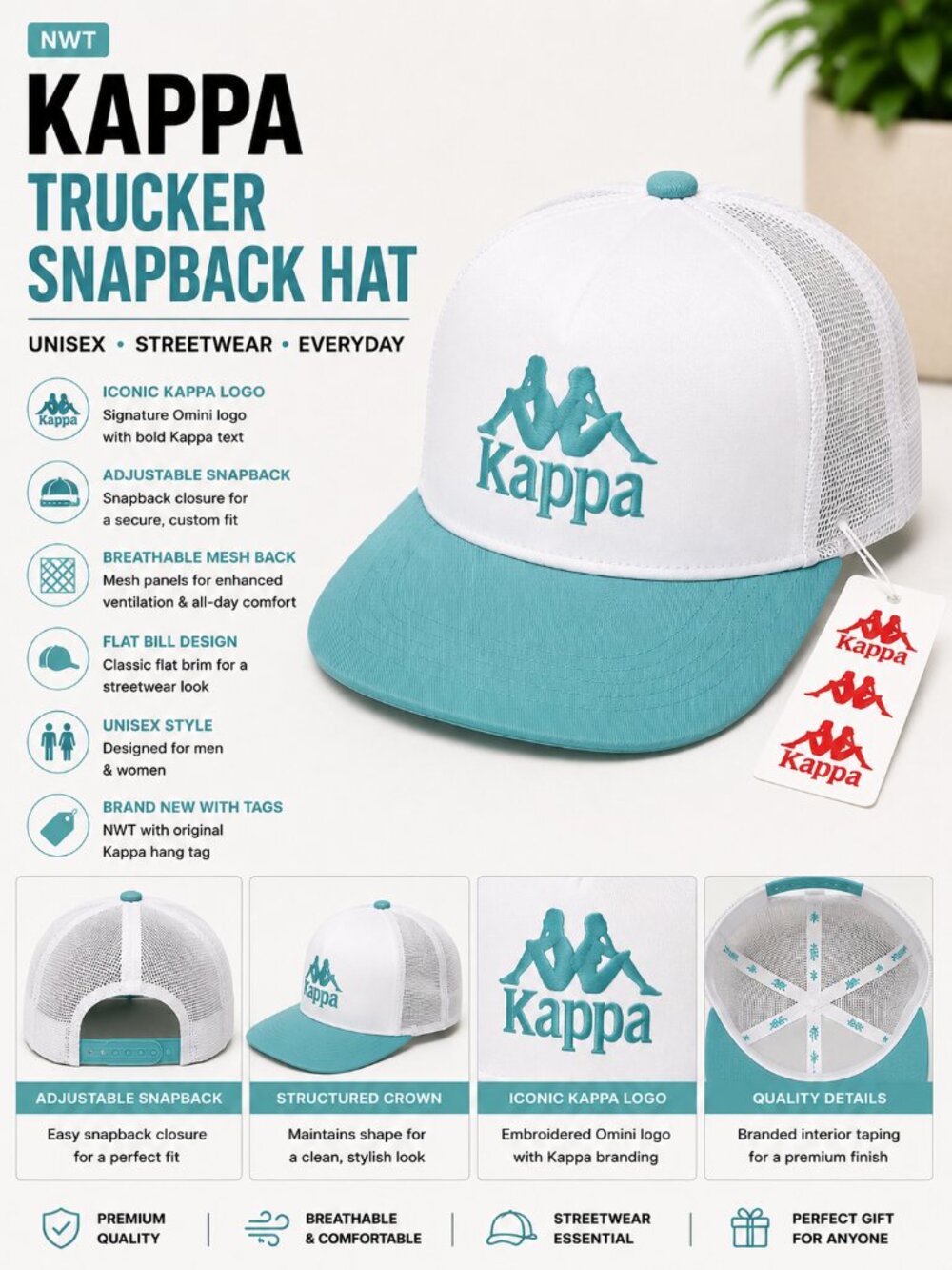 NWT Kappa Logo Trucker Snapback Hat Blue White Adjustable Unisex Streetwear